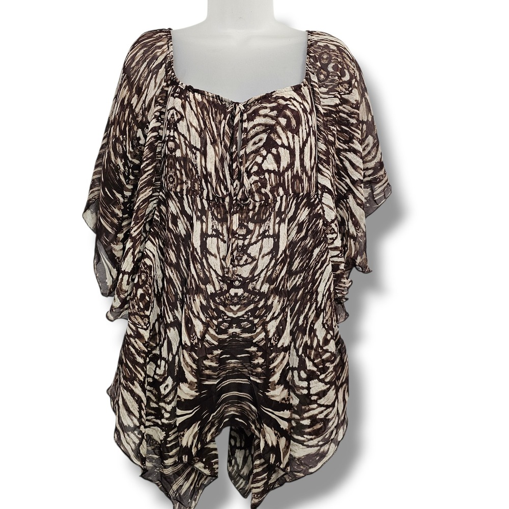 Y2K Dots Poncho Top M Brown Cream Butterfly Sleeve Boho Ethereal Fairy Gypsy 90s